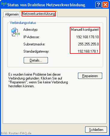 Status von Drahtlose Netzwerkverbindung - Netzwerkunterstützung