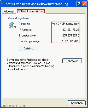 Status von Drahtlose Netzwerkverbindung - Netzwerkunterstützung