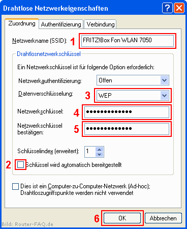 Drahtlose Netzwerkeigenschaften - Zuordnung