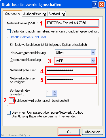 Drahtlose Netzwerkeigenschaften - Zuordnung