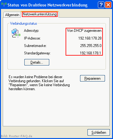 Status von Drahtlose Netzwerkverbindung - Netzwerkunterstützung