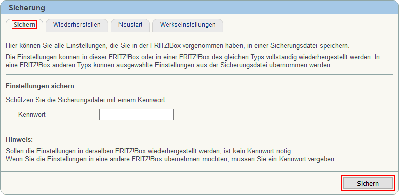 FRITZ!Box: Einstellungen sichern 06.01 2
