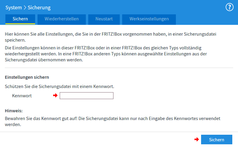 FRITZ!Box: Einstellungen sichern 06.50 2