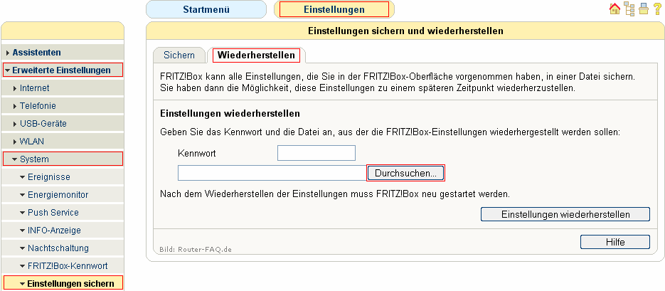 FRITZ!Box: Einstellungen wiederherstellen 04.49 1