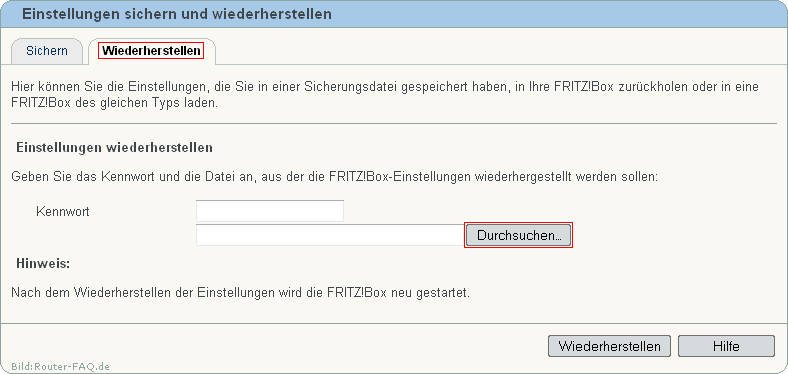 FRITZ!Box: Einstellungen wiederherstellen 04.86 2