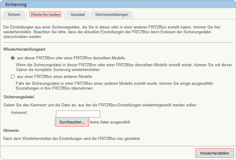 FRITZ!Box: Einstellungen wiederherstellen 06.01 2