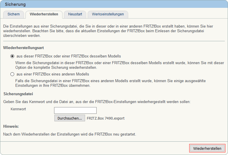 FRITZ!Box: Einstellungen wiederherstellen 06.01 4