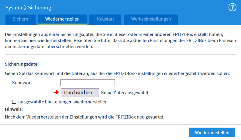 FRITZ!Box: Einstellungen wiederherstellen 06.50 2