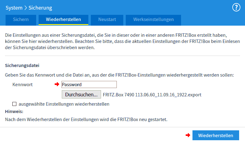FRITZ!Box: Einstellungen wiederherstellen 06.50 4