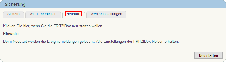 FRITZ!Box: FRITZ!Box neu starten 06.01 2